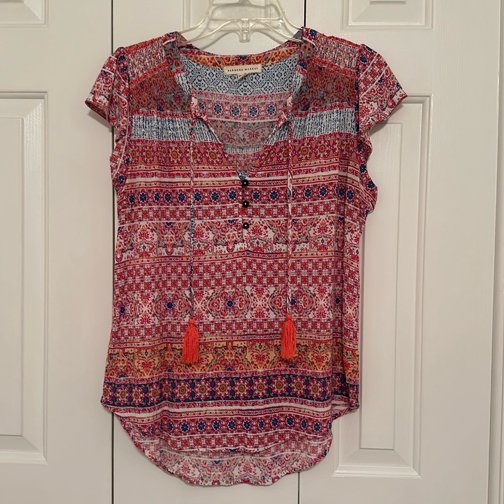 Cap flutter sleeve blouse, V-neck Tie closure, Red and Blue, Petite XL